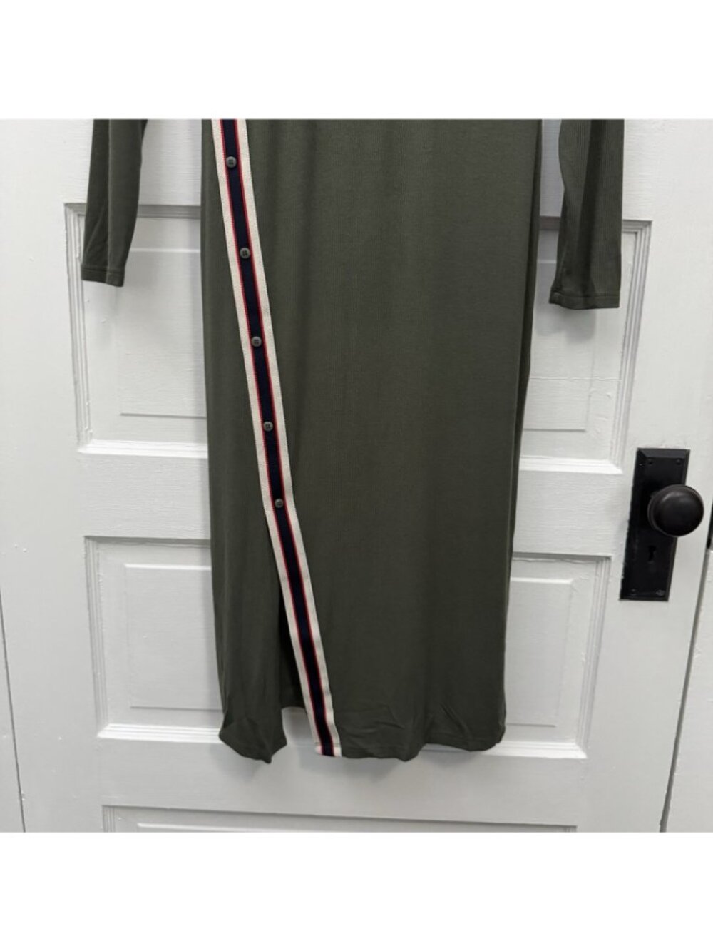 Bordeaux Ribbed Midi Dress S Olive Green Long Sleeve Side Stripe Bodycon - Picture 4 of 8